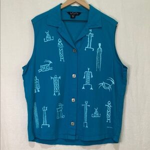 BFOFO Women's Aztec Cotton Petroglyph Shirt Sleeveless Large Artsy Vintage‎